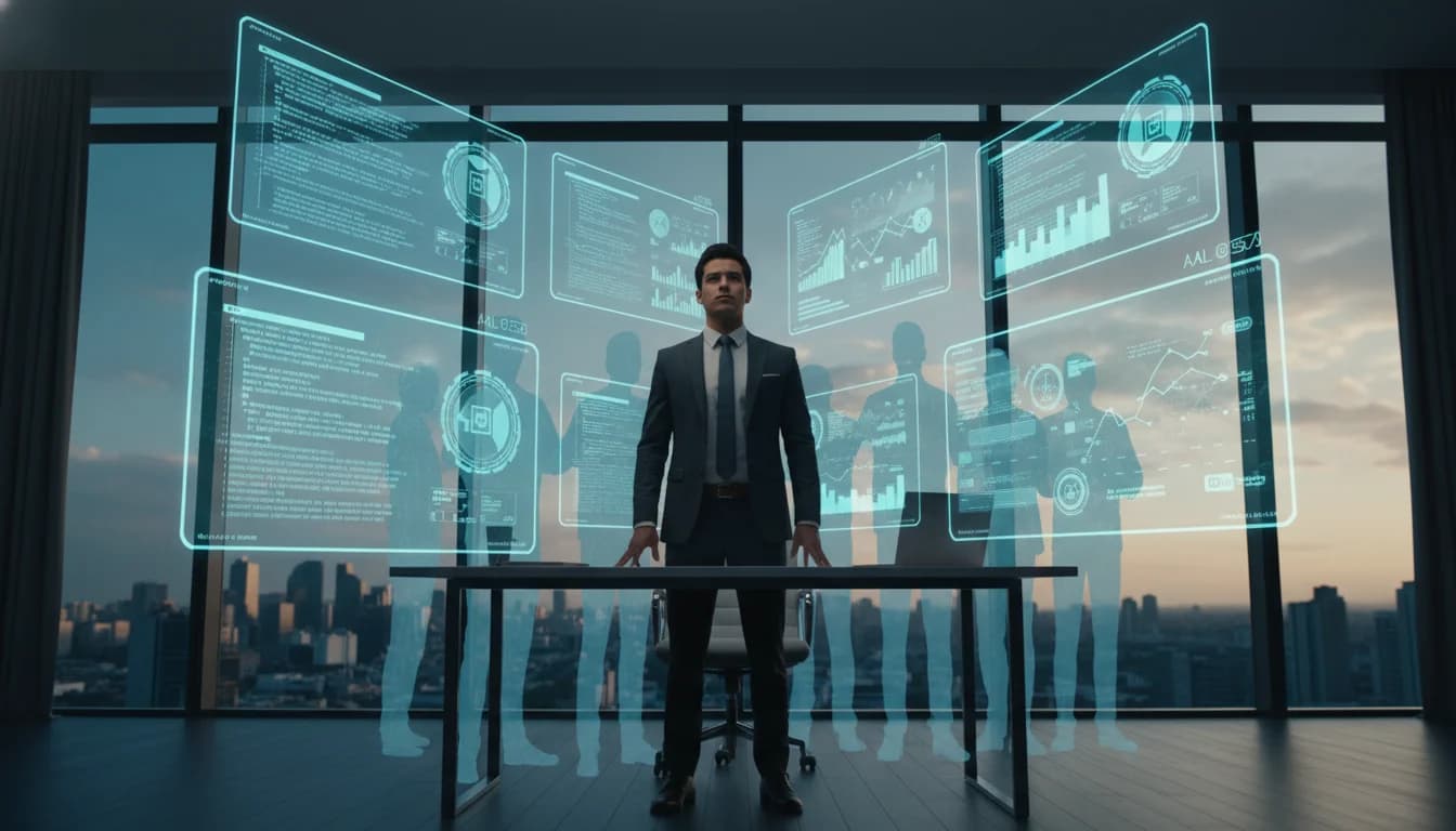 Ilustración conceptual de un solopreneur utilizando herramientas de inteligencia artificial para gestionar una carga de trabajo equivalente a una empresa de 50 empleados.