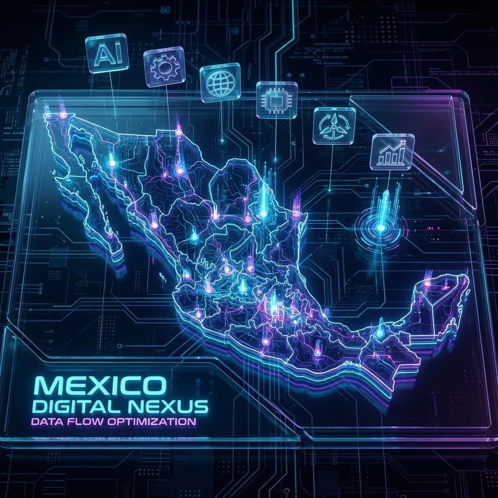 Mapa digital de México con nodos de datos y tecnología neón representando la transformación digital